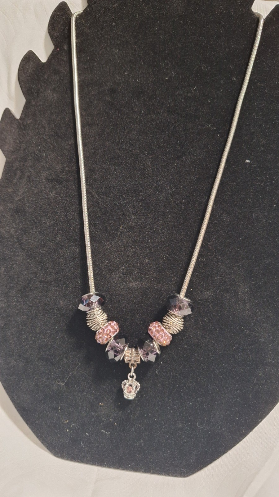 Silver Tone Purple Pink Crystal Rhinestone Heart Charm Pendant Snake Necklace