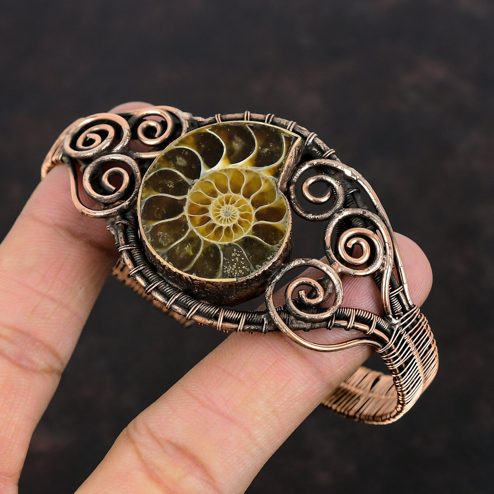 Ammonite Fossil Jewelry Copper Gift For Mom Wire Wrapped Adjustable Bangle