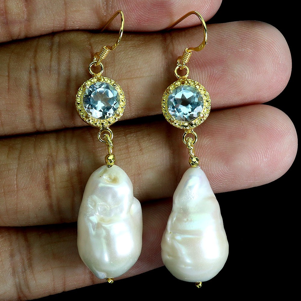 925 Sterling Silver Earrings Round Sky Blue Topaz 8mm Pearl Gemstone Jewelry