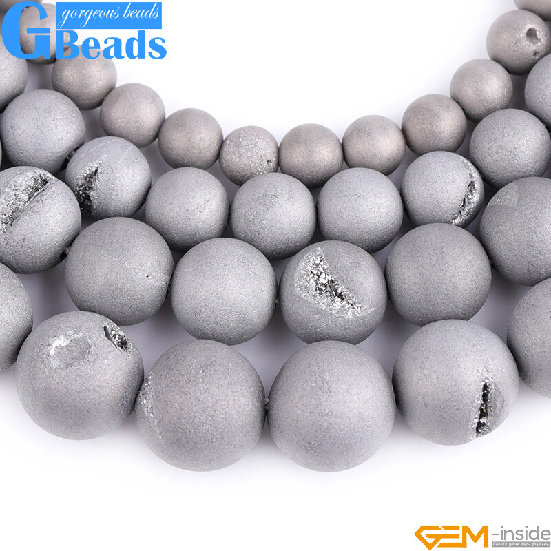 Metallic Titanium Coated Drusy Druzy Quartz Agate Round Beads Free Shipping 15″