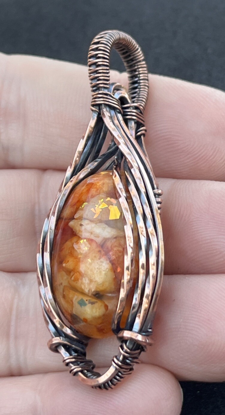 Orange Calcite (in resin)~ Handmade copper wire wrapped pendant 10b