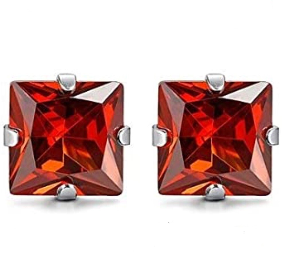 3/4/5/6/7mm Square CZ Garnet Stud Earring January Birthstone Red Stainless Steel