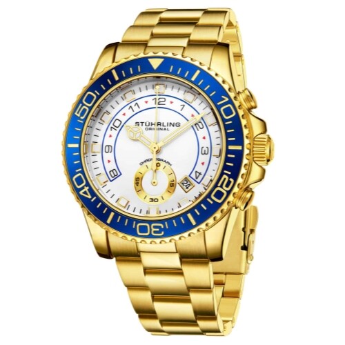 Stuhrling 3966 4 Aquadiver Quartz Chronograph Date Blue Mens Watch