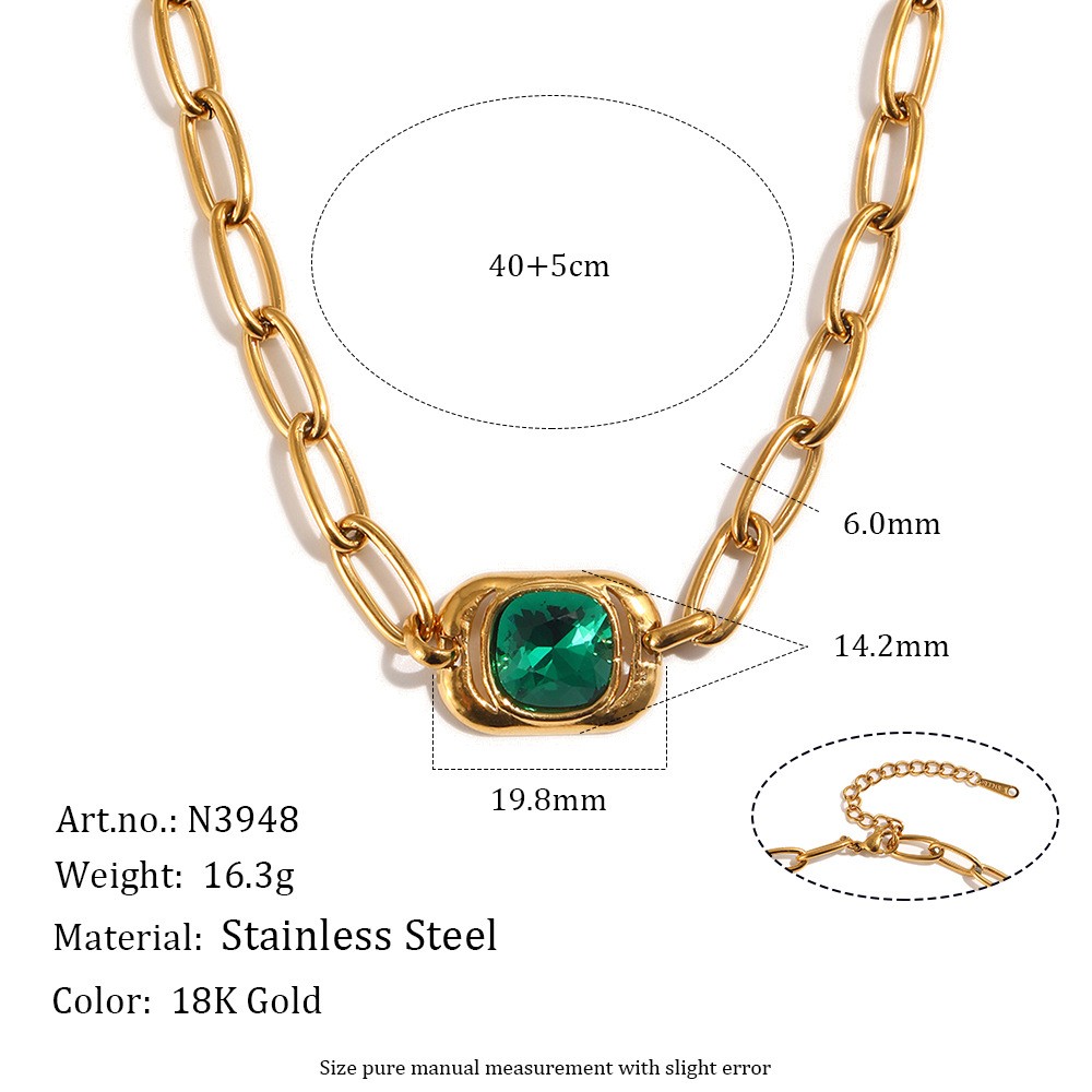 Square Pendant 18K Gold Plated Stainless Steel Necklace Green CZ Stone