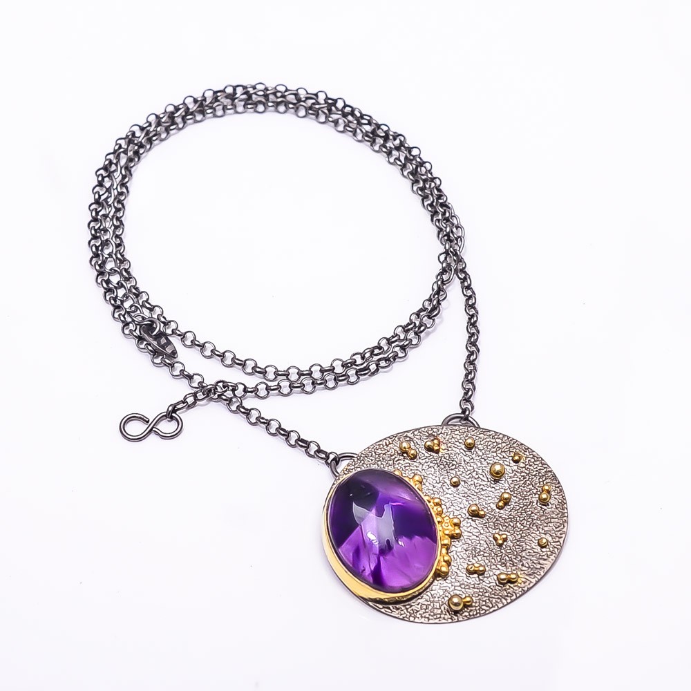 Trapiche Amethyst Black And Gemstone Gold Rhodium 925 Silver Necklace 19.99″ N46