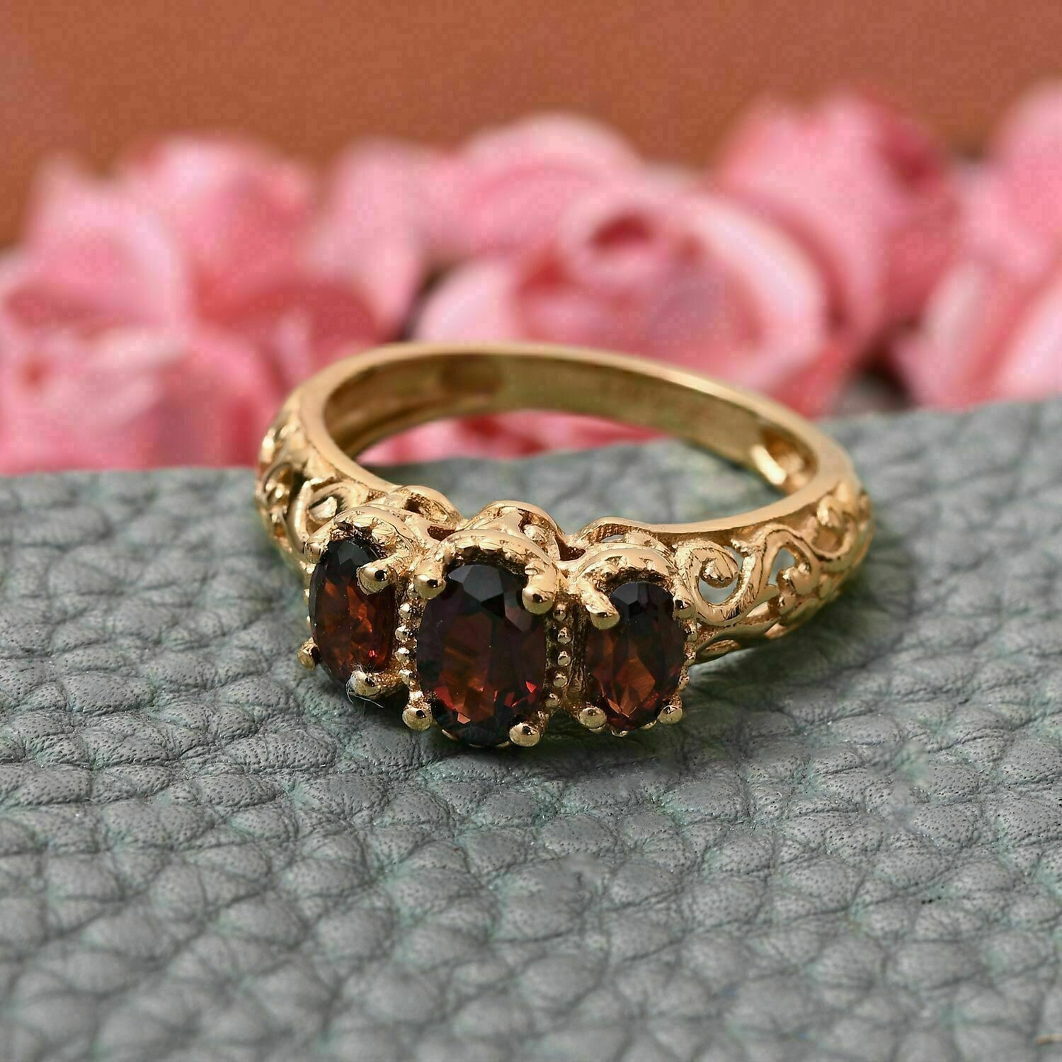 3Ct Oval Cut Three Stone Red Garnet Lab Created VintageRing 14K Yellow Gold Over