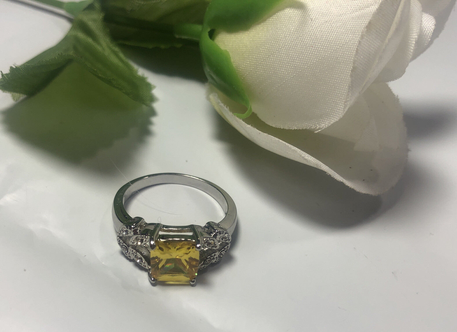 Ring Silvertone Yellow Faux Citrine Prince Cut Rhinestone Clear Accent Solitaire