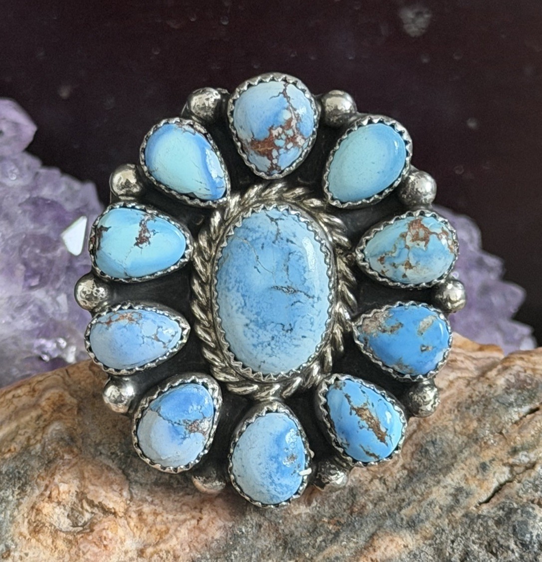 Golden Hills Turquoise Cluster Ring Native Sterling MJ Adjustable Statement