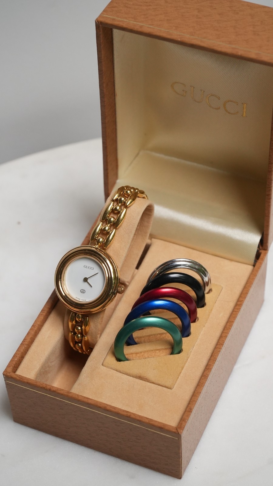 Gucci 11/12 Vintage Interchangeable Bezel Watch Gold Plated Rice Link Ladies 110