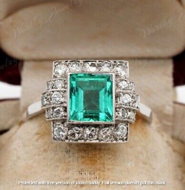 2.30Ct Lab-Created Green Emerald Halo Wedding Ring 14K White Gold Over