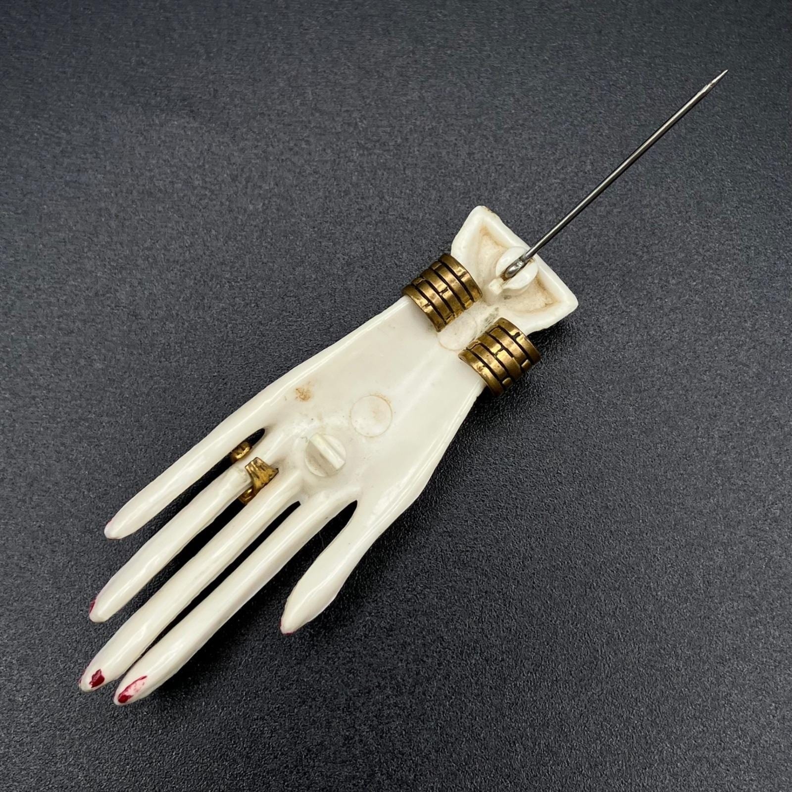 Vintage Hand Brooch White Plastic Figural Pin Gold Ring Bracelet Red Nails MCM