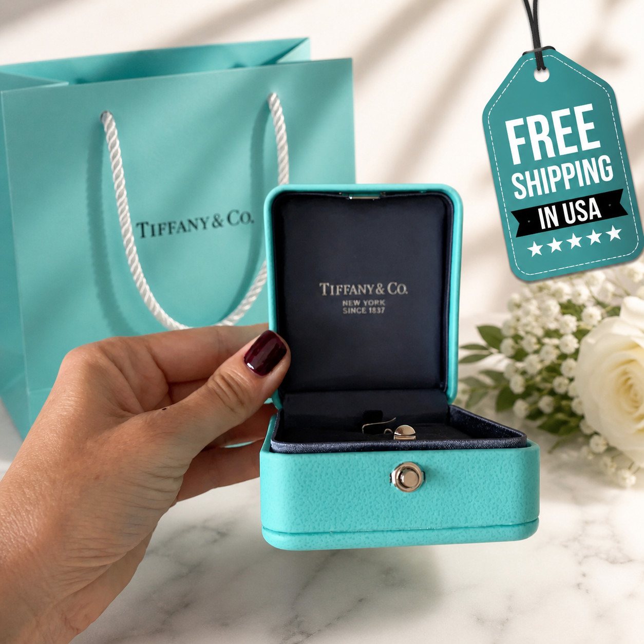 TIFFANY & CO. BLUE LEATHER PRESENTATION NECKLACE GIFT BOX, FULL SET