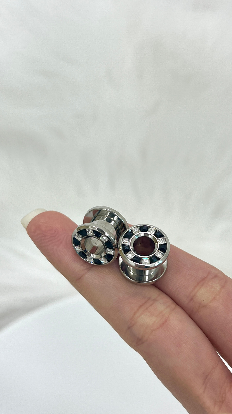 Pressed Rimmed Surgical Steel Black Clear CZ Screw Tunnel Ear Plugs – Sold Pair