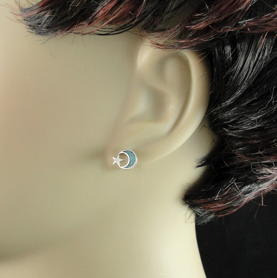 925 Sterling Silver and Turquoise Moon and Star Celestial Post Stud Earrings