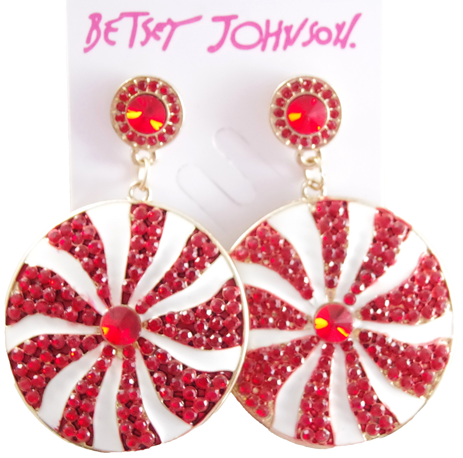 2 5/8″ BETSEY JOHNSON PEPPERMINT CANDY RHINESTONE CHRISTMAS DROP DANGLE EARRINGS