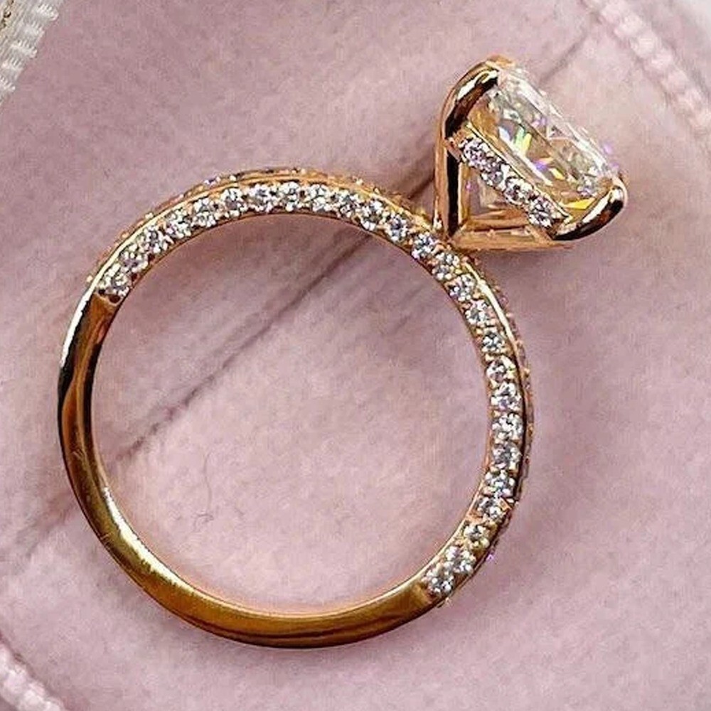 5.59 TCW Emerald Moissanite Hidden Halo Engagement Ring 14K Yellow Gold Plated