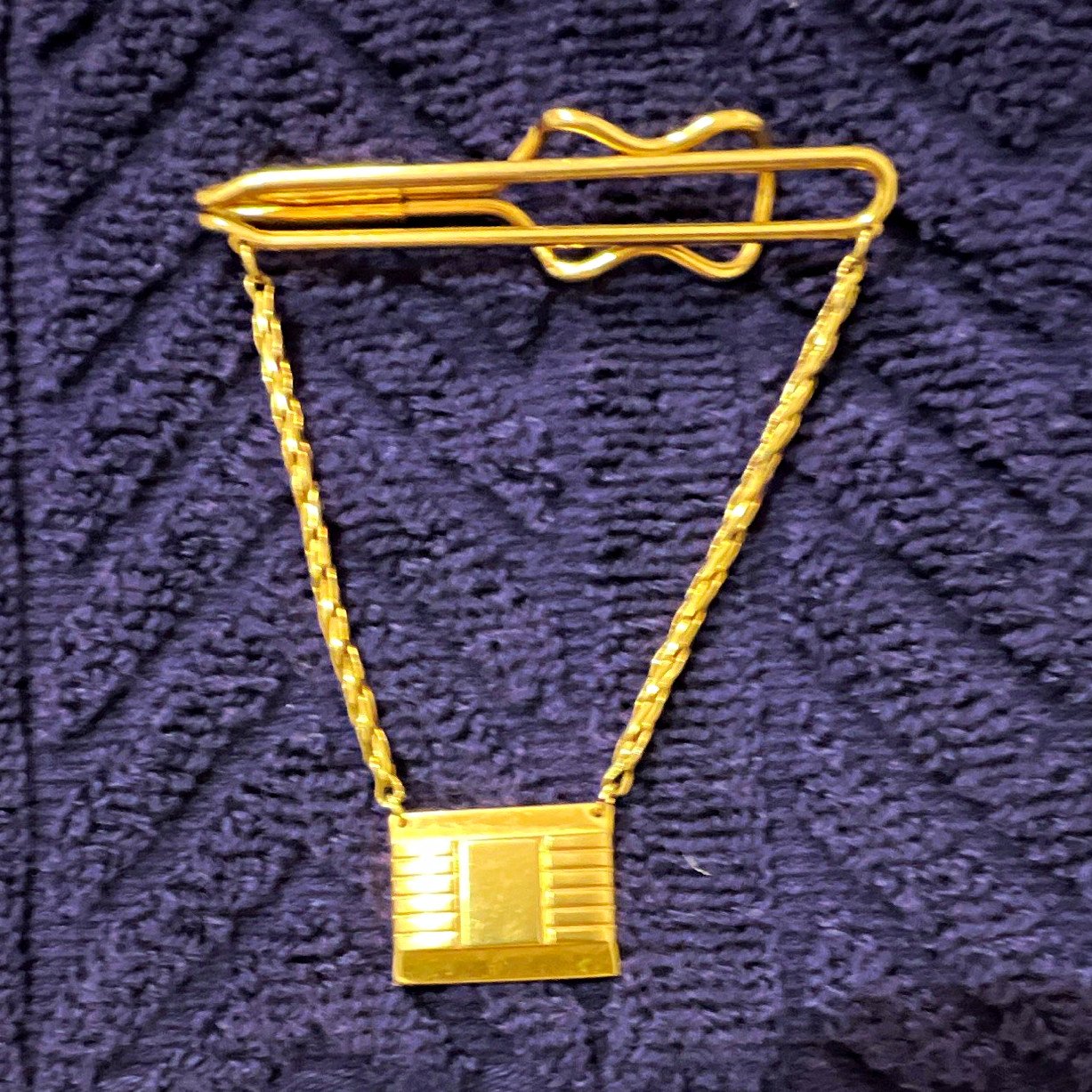 Vintage 1940s Hadley 1/20 12K Gold Filled Tie Clip Bar w/ Chain & Art Deco Penda