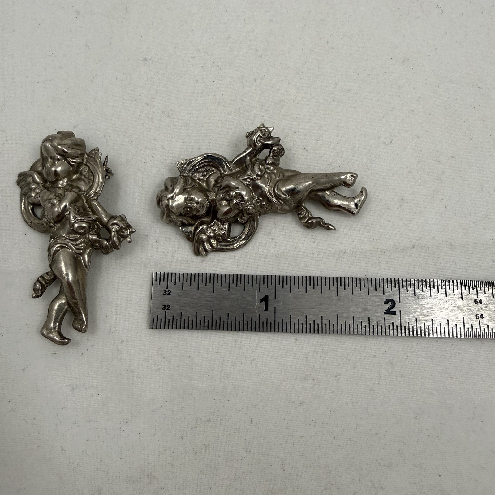 Vintage Pair Lot Of 2, 3D Angel Cherubs Sterling Silver Pendant Brooch 7.3 Grams