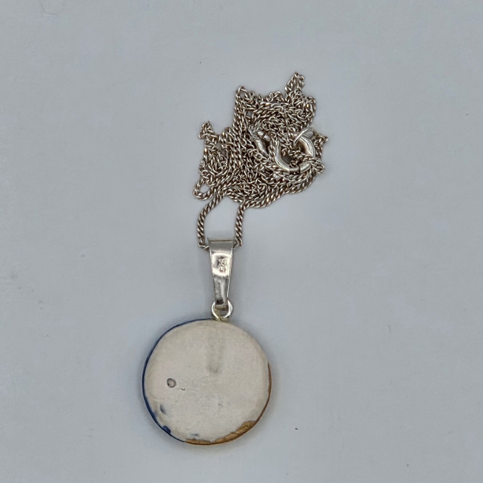 Artisan Porcelain Pendant Blue & White Gold Dip 925 Sterling Bail & 18″ Necklace