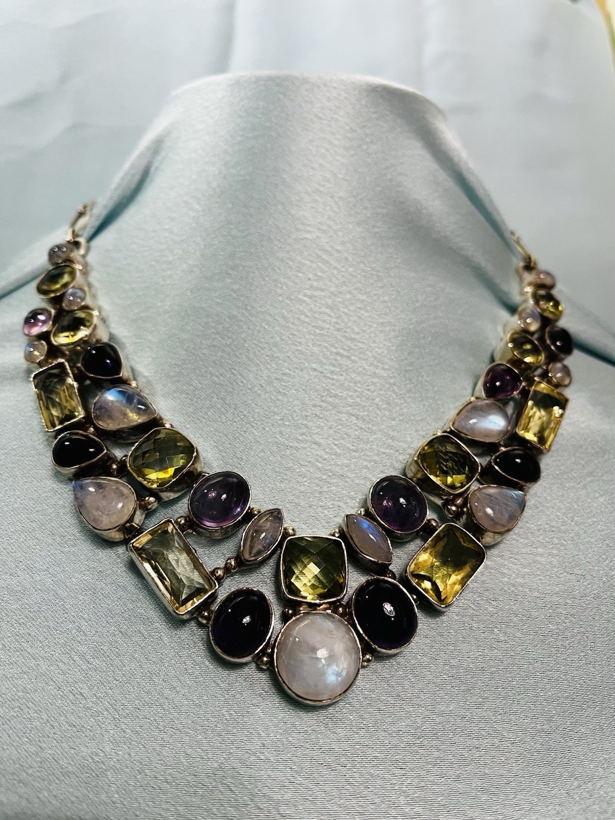 Sterling Silver Multi-gem Moonstone Tourmaline Amethyst Necklace Healing 96 Gram