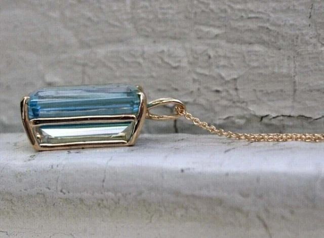14K Yellow Gold Plated 3.25Ct Emerald Cut Lab Created Aquamarine Women’s Pendant