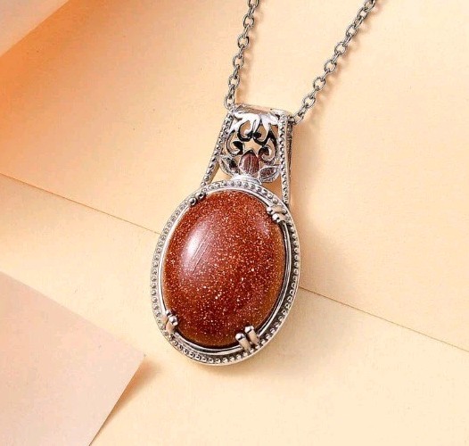 Gold Sandstone Solitaire Pendant (13.75 ctw) Platinum Over Copper & 20″ Necklace