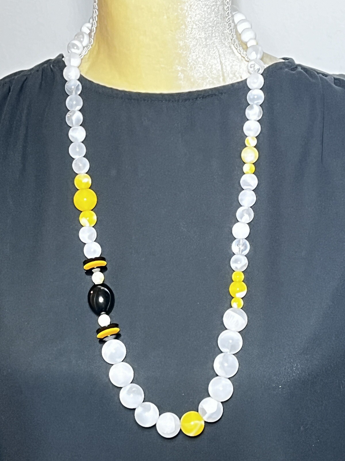 Vintage 1970’s Black Yellow White Clear Lucite Bead Necklace 31” Long