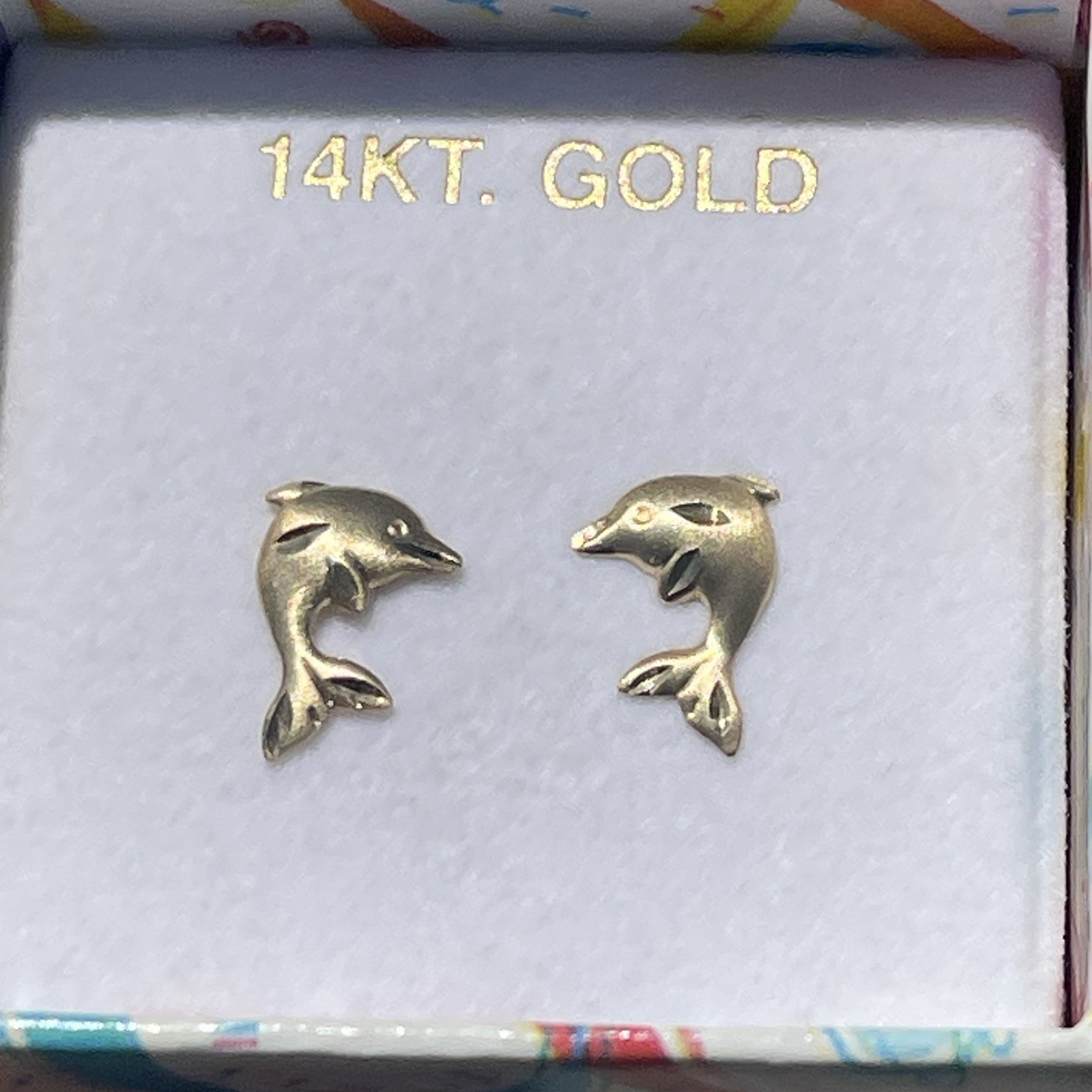 Small Solid 14k Yellow Gold Dolphin Diamond Cut Stud Earrings, .31 Grams