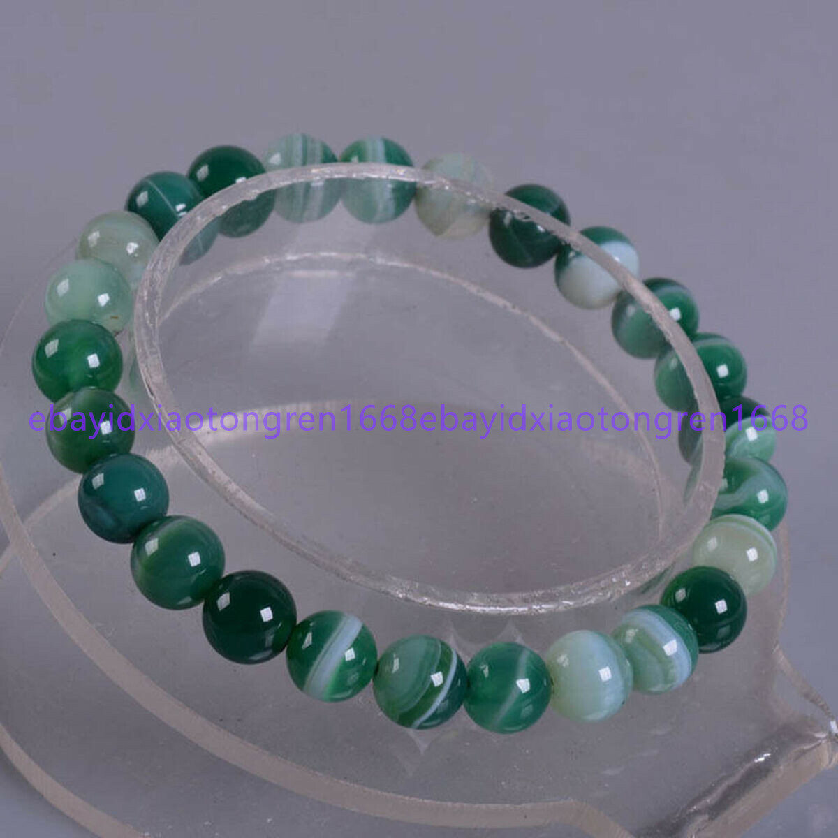 7.5 Inch 6/8/10/12mm Green Striped Agate Round Gemstone Beads Elastic Bracelet