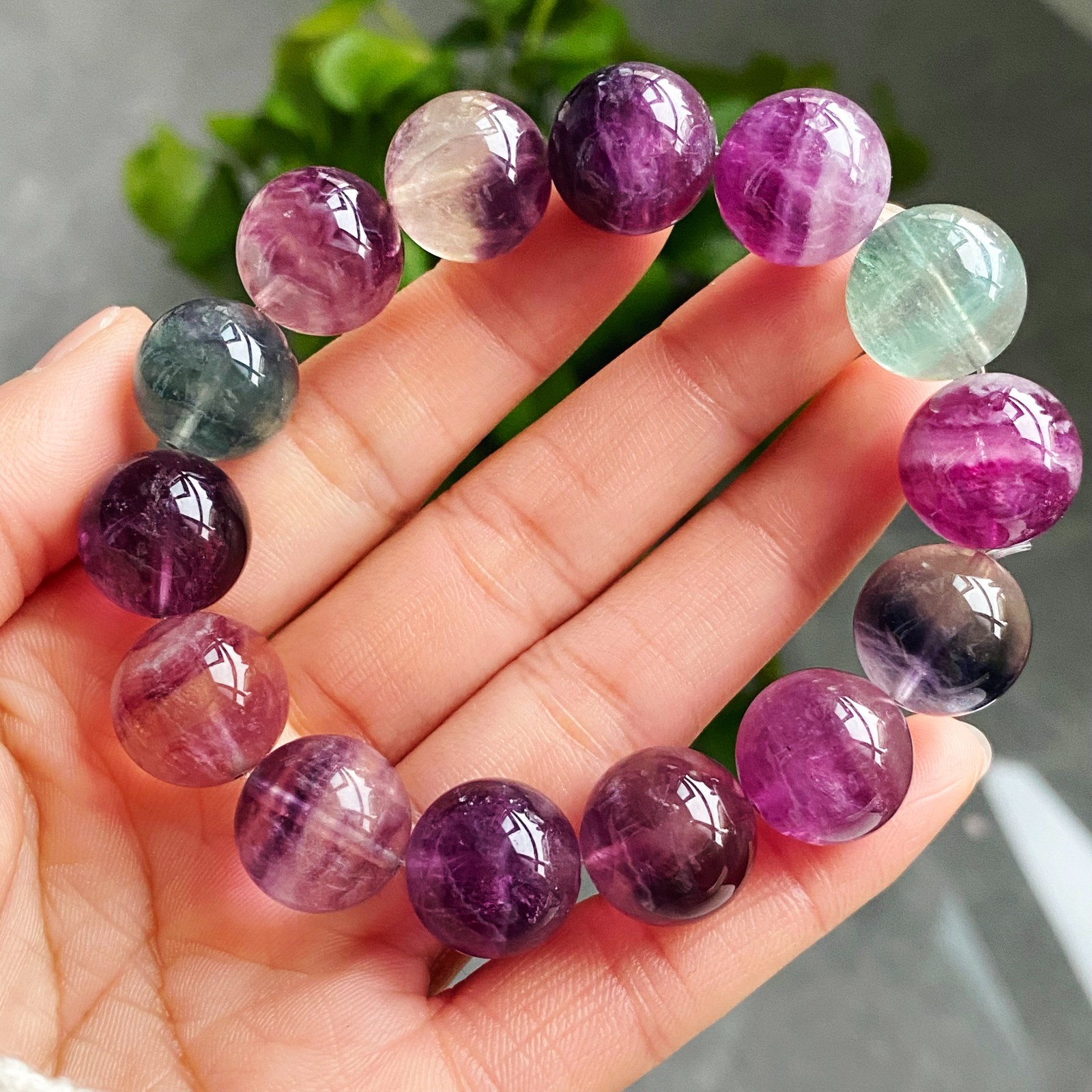 14.7mm Natural Color Fluorite Quartz Crystal Gemstone Beads Bracelet 2944