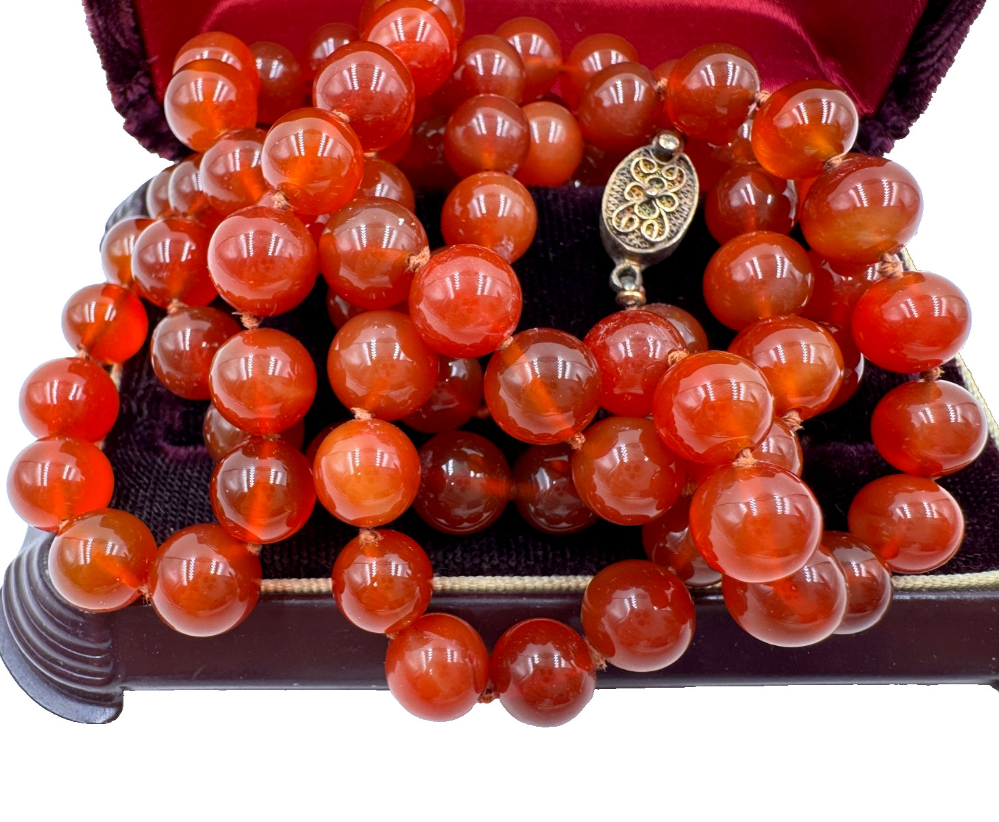 GORGEOUS ANTIQUE RED CARNELIAN CHINESE EXPORT 1920 NECKLACE VERMEIL SILVER CLASP