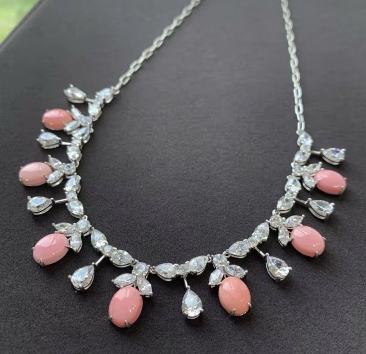 Elegant Natural Pink Conch Pearl Drop Necklace, Lab Diamonds, 925 SS