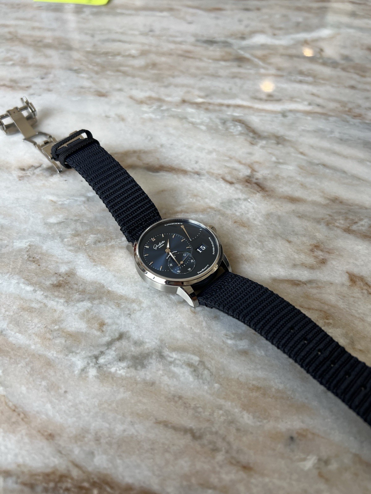 Glashütte Original PanoReserve Blue Dial Manual Date PR Nylon Strap Box Papers