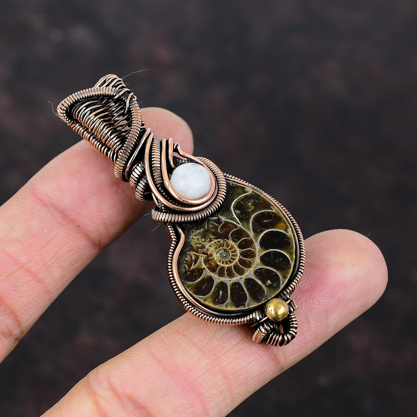 Ammonite Fossil Wire Wrapped Pendant Handcrafted Copper Partywear 2.36″