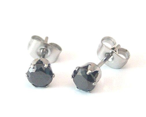 Hypoallergenic Stud Earrings Black Stones 5 mm Surgical Steel 1 carat NEW