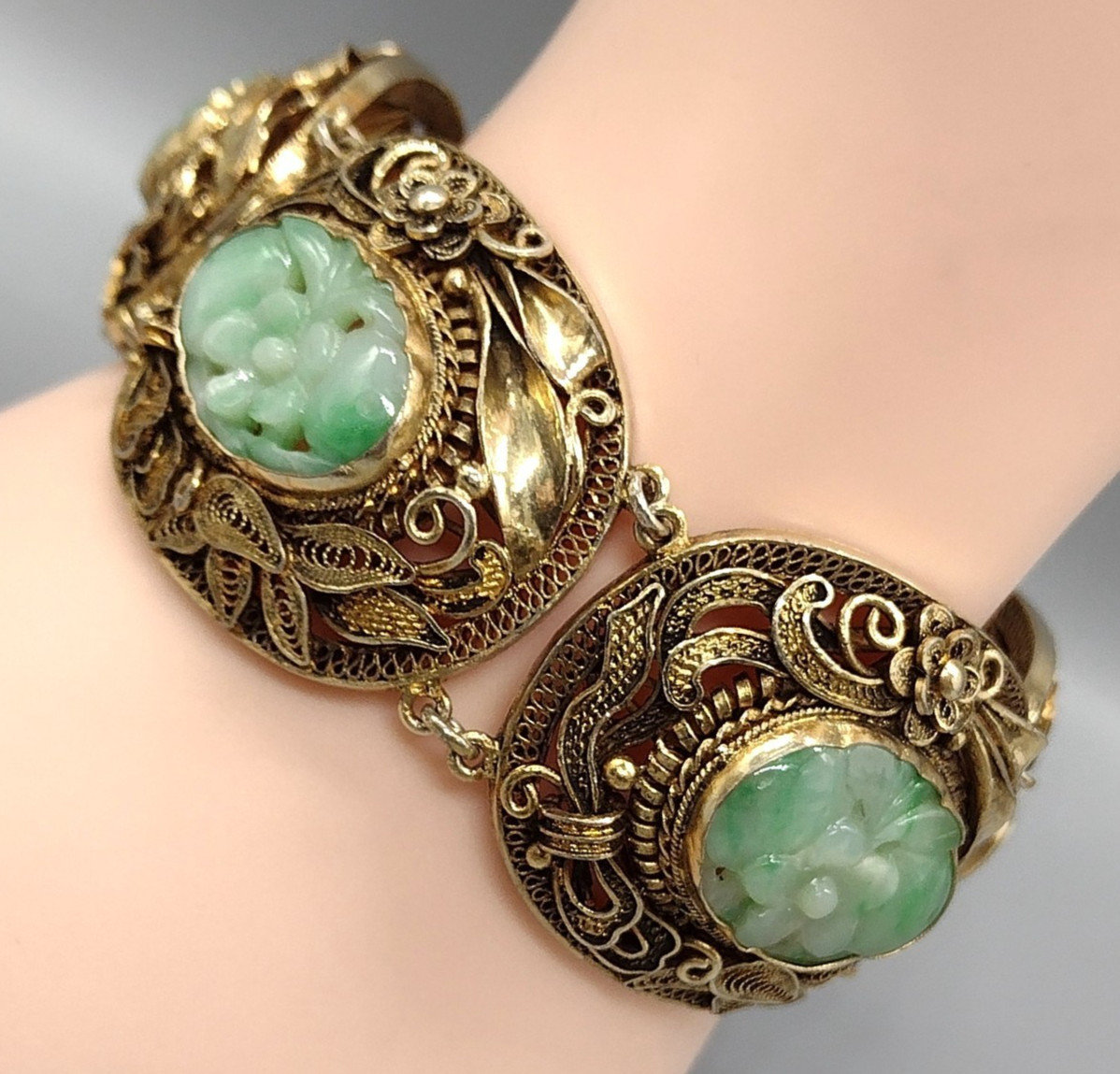 Chinese Export Carved Jade Gilt Silver Filigree Bracelet Vintage Antique Jewelry