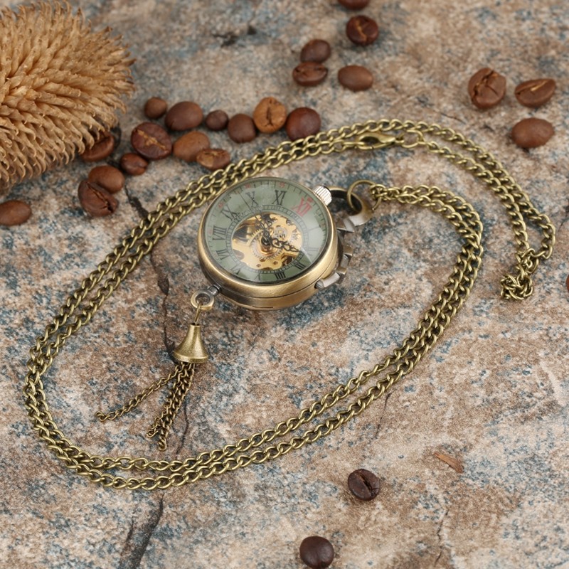 Transparent Glass Ball Pocket Watch See-Through Mechanical Hand-Wind with Chain