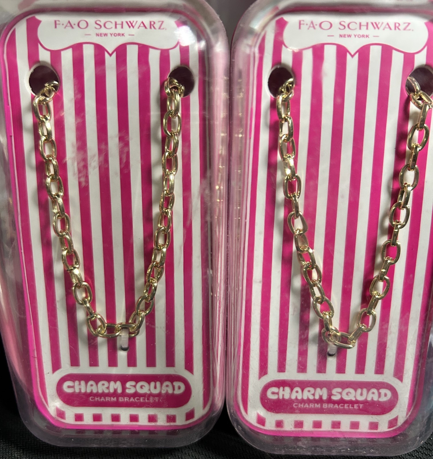 Set of 2 FAO Schwarz Charm Squad Gold Tone Link Chain Bracelets NIB Sealed