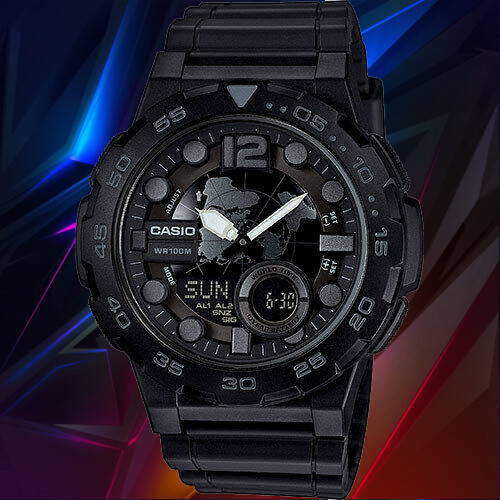 Casio AEQ-100W-1BV Mens Black 100M World Time Digital/ Analog Sports Watch New