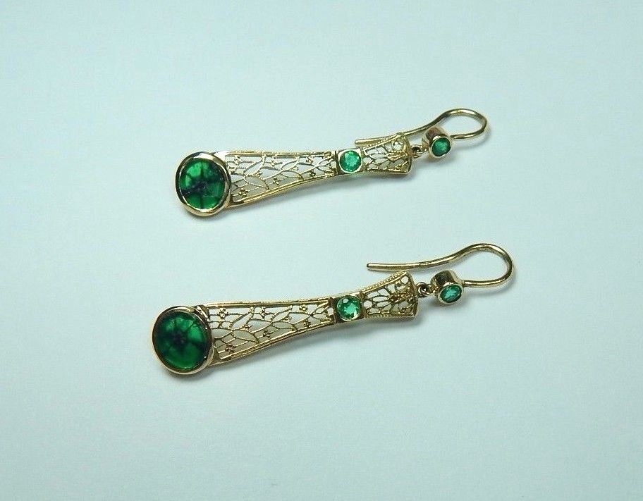 Colombian Trapiche Emerald 2.40 Cts Filigree Earrings 18K Gold Fine Jewelry Muzo