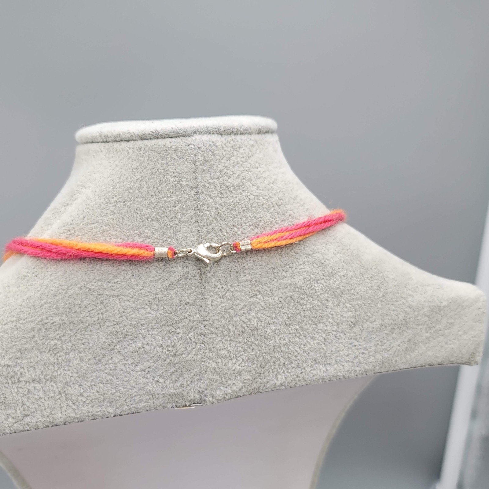 Artisan Peach Pink Cane Glass Bead Necklace Hand Knotted Yarn Cord 24 in