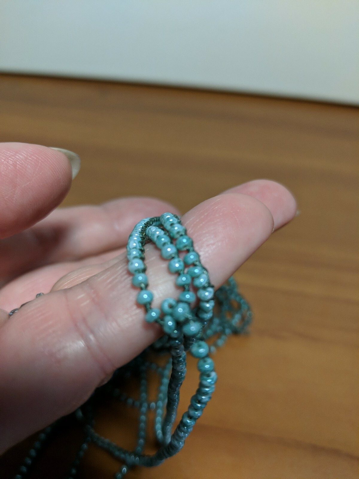 VINTAGE Aqua Green Iridescent Glass Seed Bead Strand Attached to String