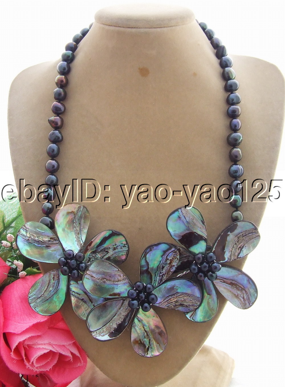 Black pearl Abalone Shell Necklace handmade Statement necklace 18″