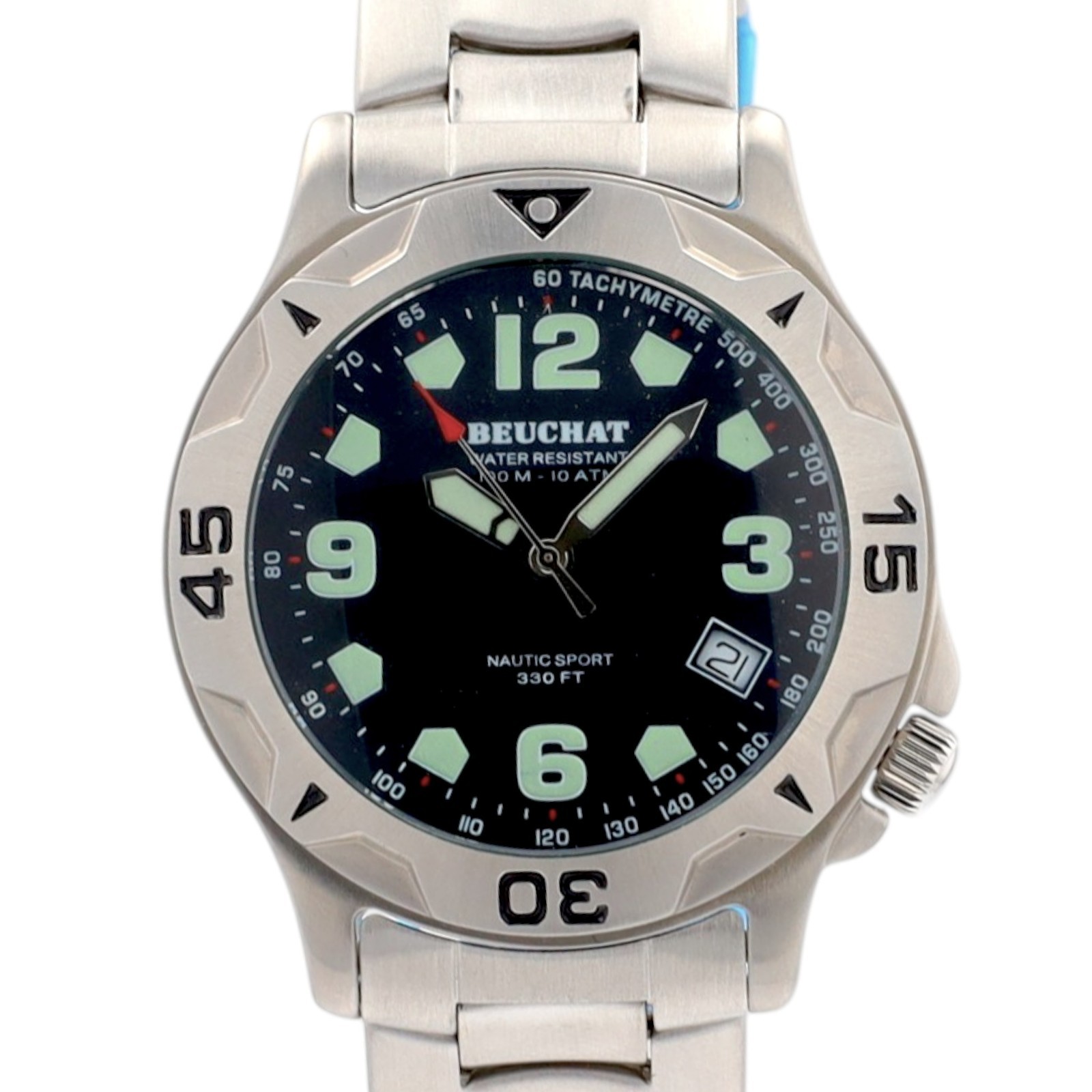 Beuchat Nautic Sport Mens Watch Black Dial Swiss Steel 100M Diver Date Quartz