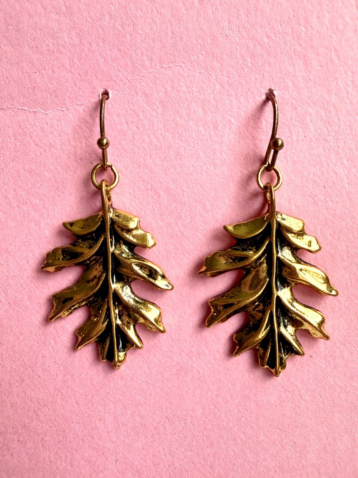 Vintage Cast Brass Oak Leaf Dangle Earrings, Signed “B” Gold Tone 1.5” Drop