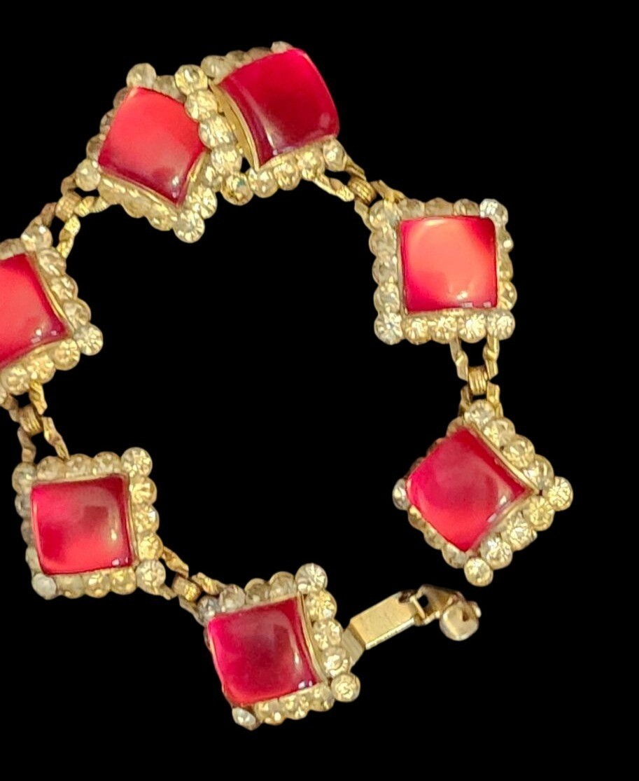 Vintage Gold Tone Bracelet Red Acrylic Stones Rhinestone Accents Victorian Rev