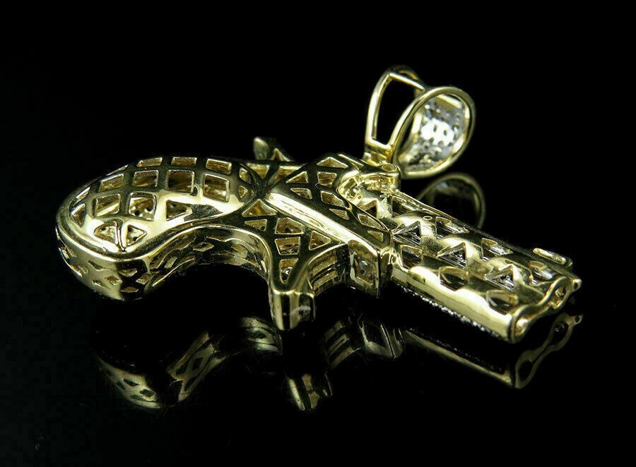 Men’s Gun Charm 2.19ct Cubic Zirconia Pendant 14k Yellow Gold Plated Silver