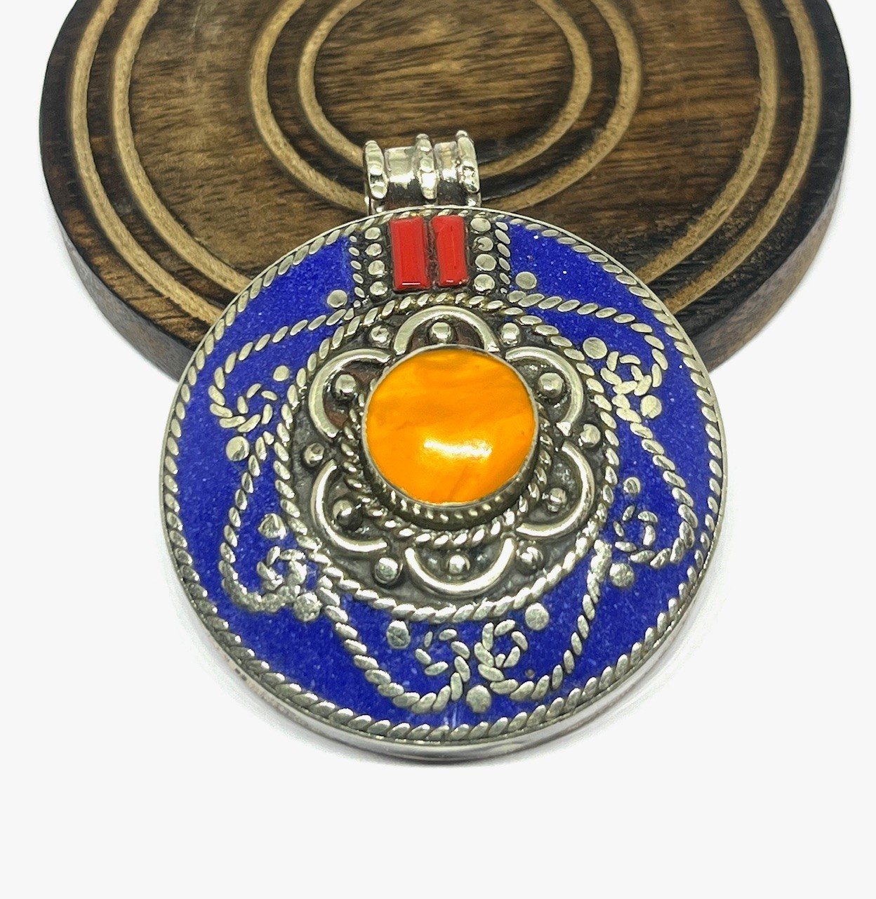 Art Deco Lapis Lazuli Amber Gemstone Tibetan Style Pendant Jewelry, 2.0 inch