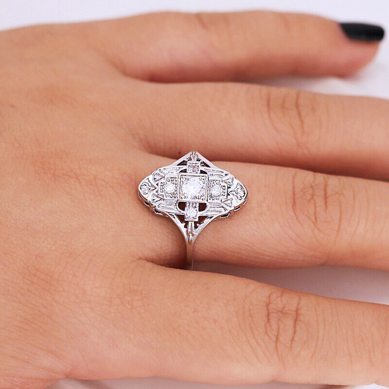 Elegant 925 Sterling Silver White Topaz Charm Wedding Engagement Ring Size 7