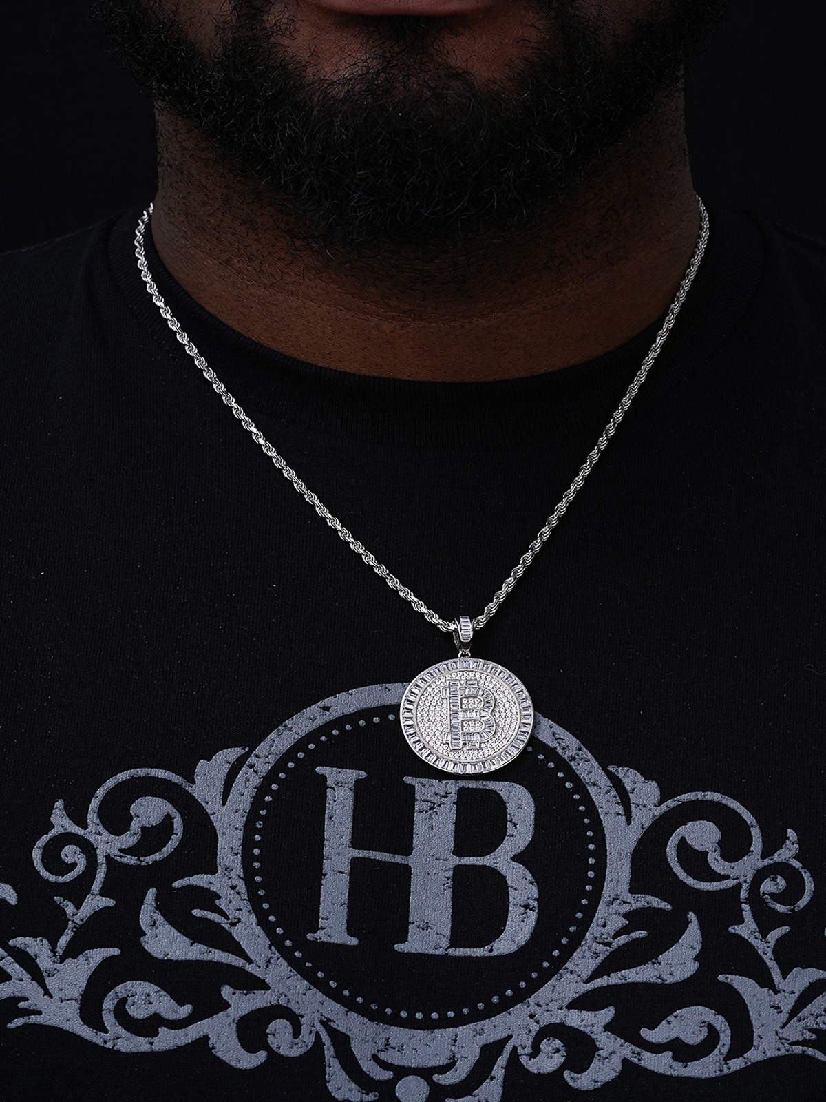 Solid 925 Silver 14K Gold Plated Bling Out BITCOIN CZ Hip Hop Pendant Necklace